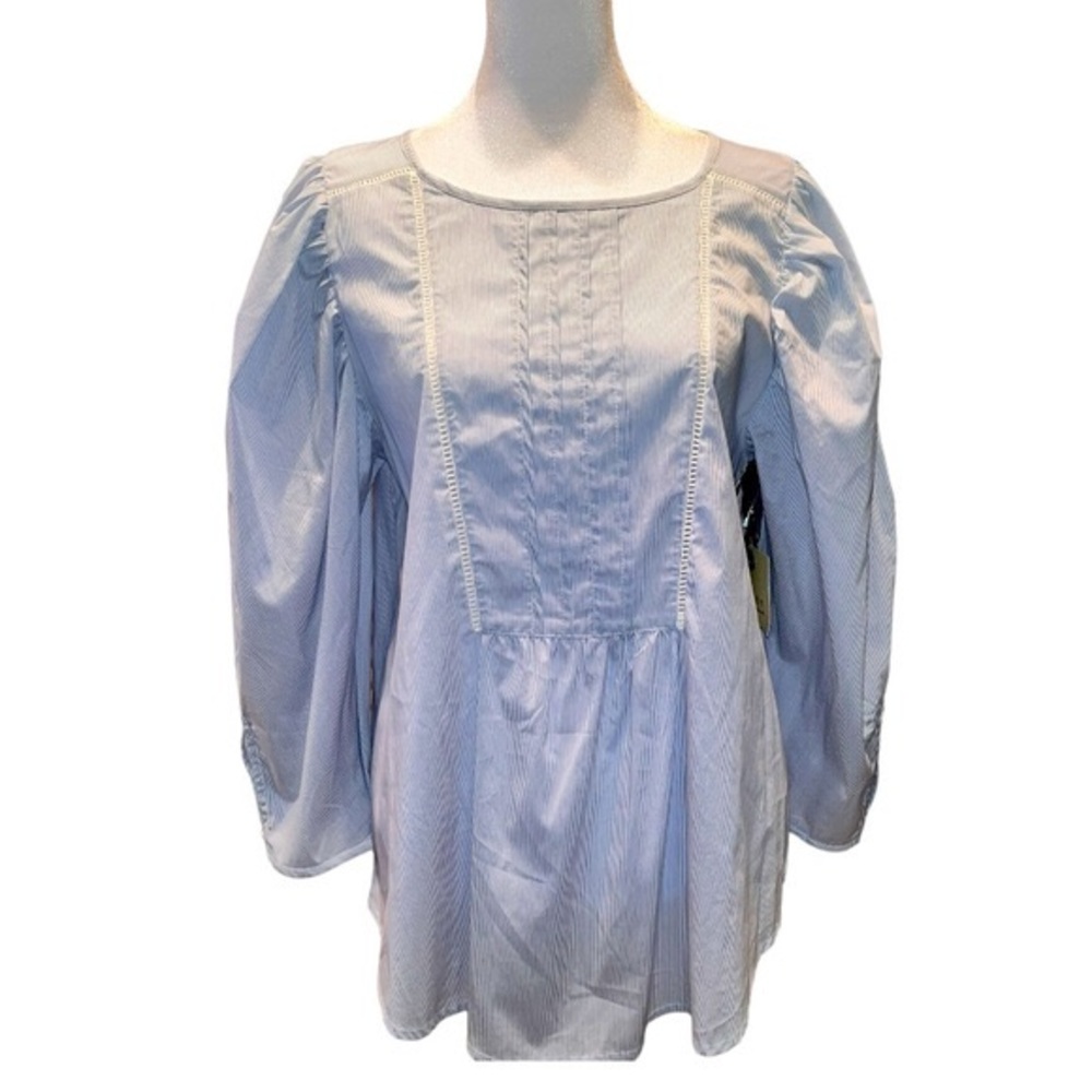 HINGE BLUE AND WHITE PINSTRIPE PUFF SLEEVE BLOUSE-SIZE MEDIUM-NEW WITH TAGS